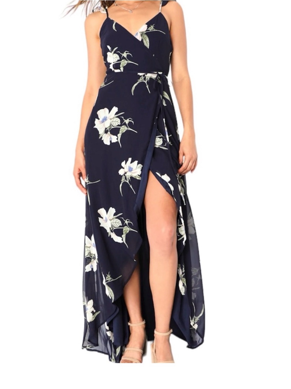 Lulus -All Mine Navy Blue Floral Print High-Low Wrap Dress size L party spring